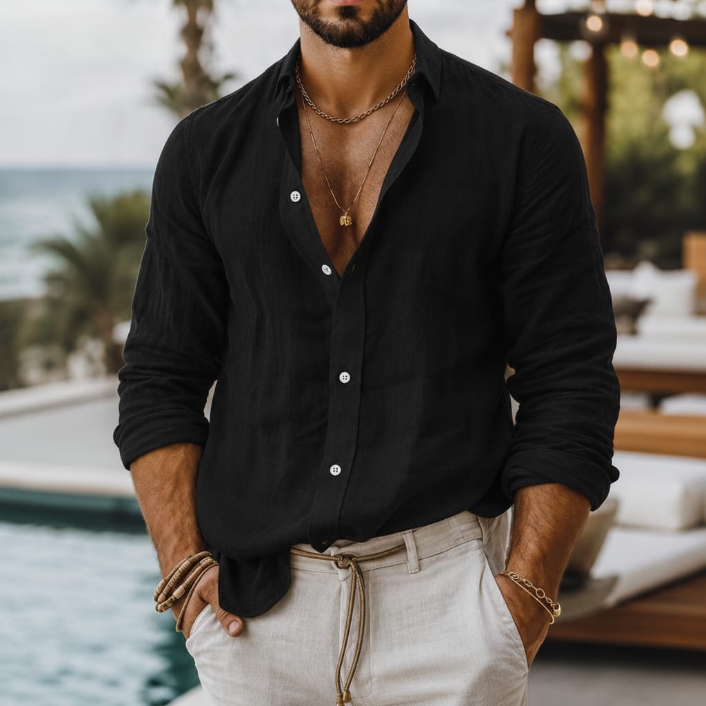 Men's Relaxed Fit Linen Button-Up Shirt