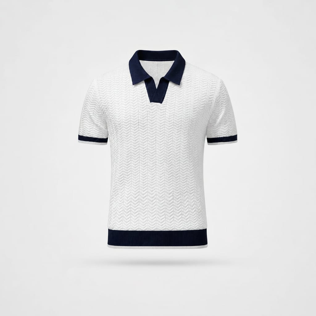 Men's Knit Polo Shirt with Contrast Collar & V-Neck