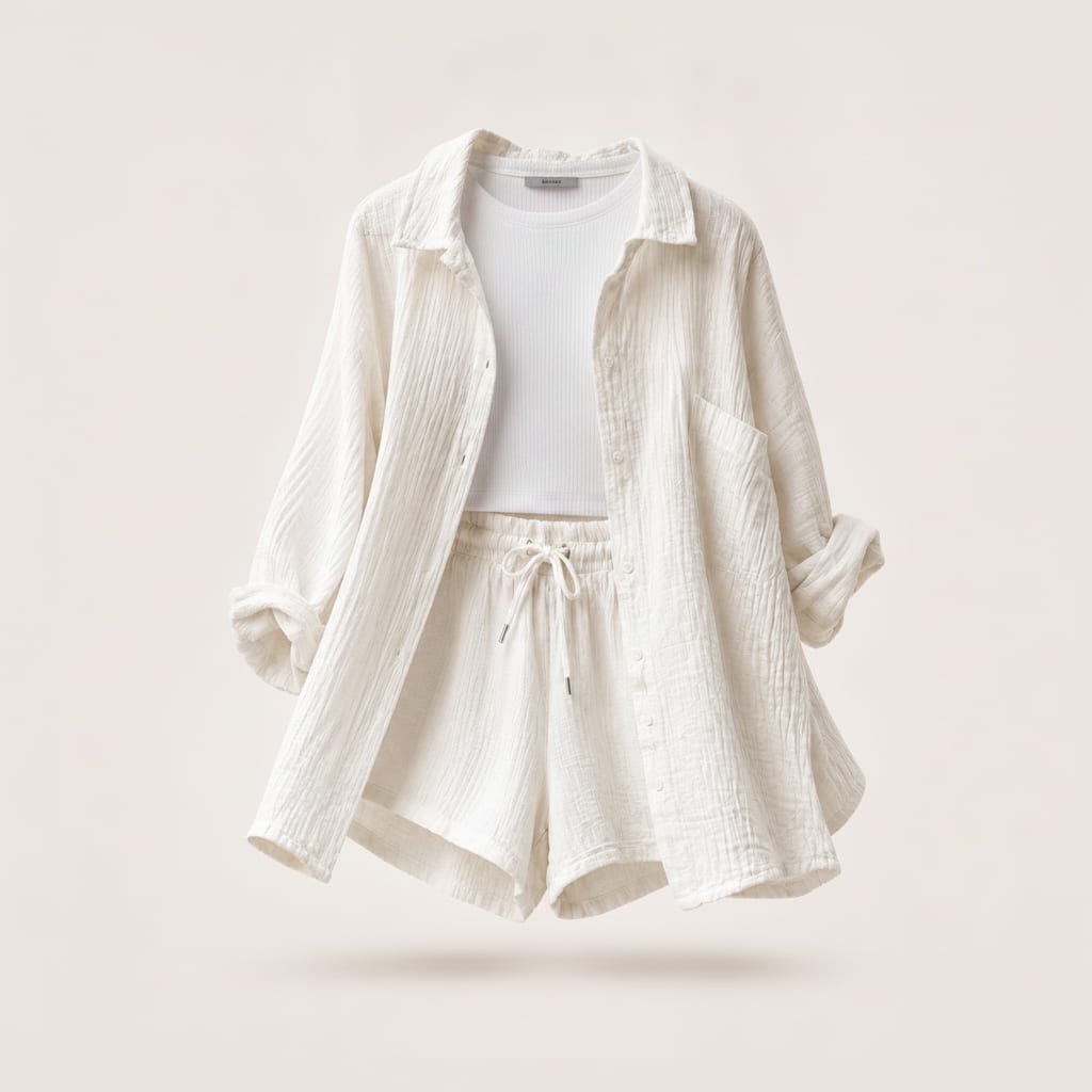 Women's Crinkled Muslin Cotton Shirt & Shorts Set