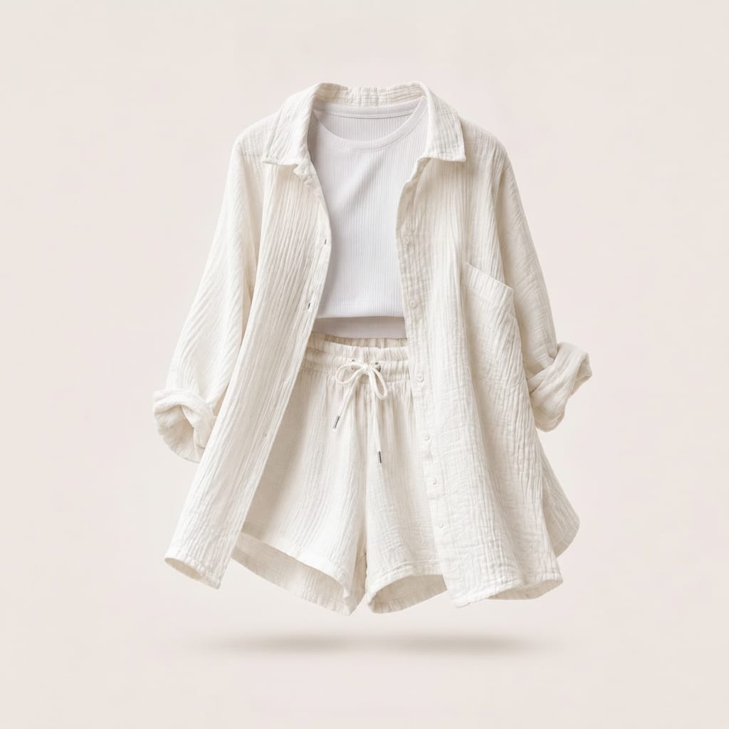 Women's Crinkled Muslin Loungewear Set | Shirt & Shorts Co-ord