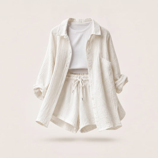 Women's Crinkled Muslin Loungewear Set | Shirt & Shorts Co-ord